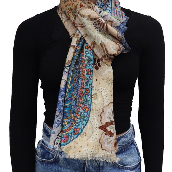 Earthy Tones Blue Motif Wool Scarf - Picture 1 of 3